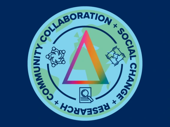 illustrated Earth with "community collaboration," "social change" and "research" written in circle around a triangle