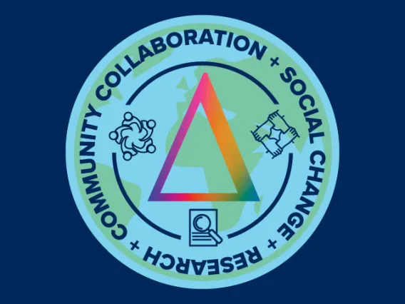 illustrated Earth with "community collaboration," "social change" and "research" written in circle around a triangle